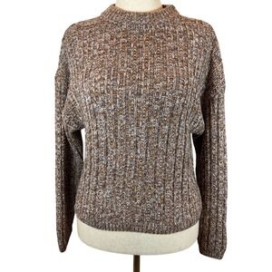 Ribbed Knit Sweater Women's S‎ Brown White Gray Crewneck Cozy Chunky Normcore